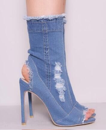 Fashion Runway Peep Toe Denim Ankle Boots