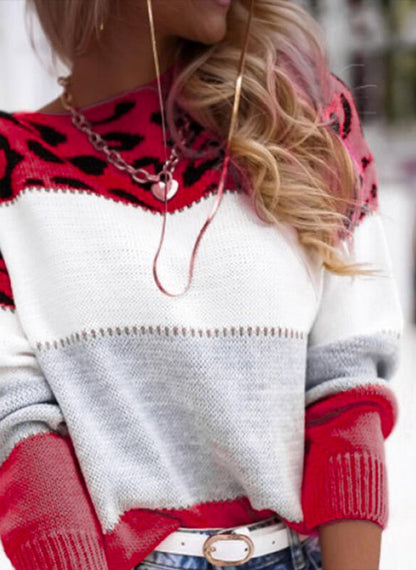 Pull à manches longues et col ras du cou imprimé léopard pour femme.